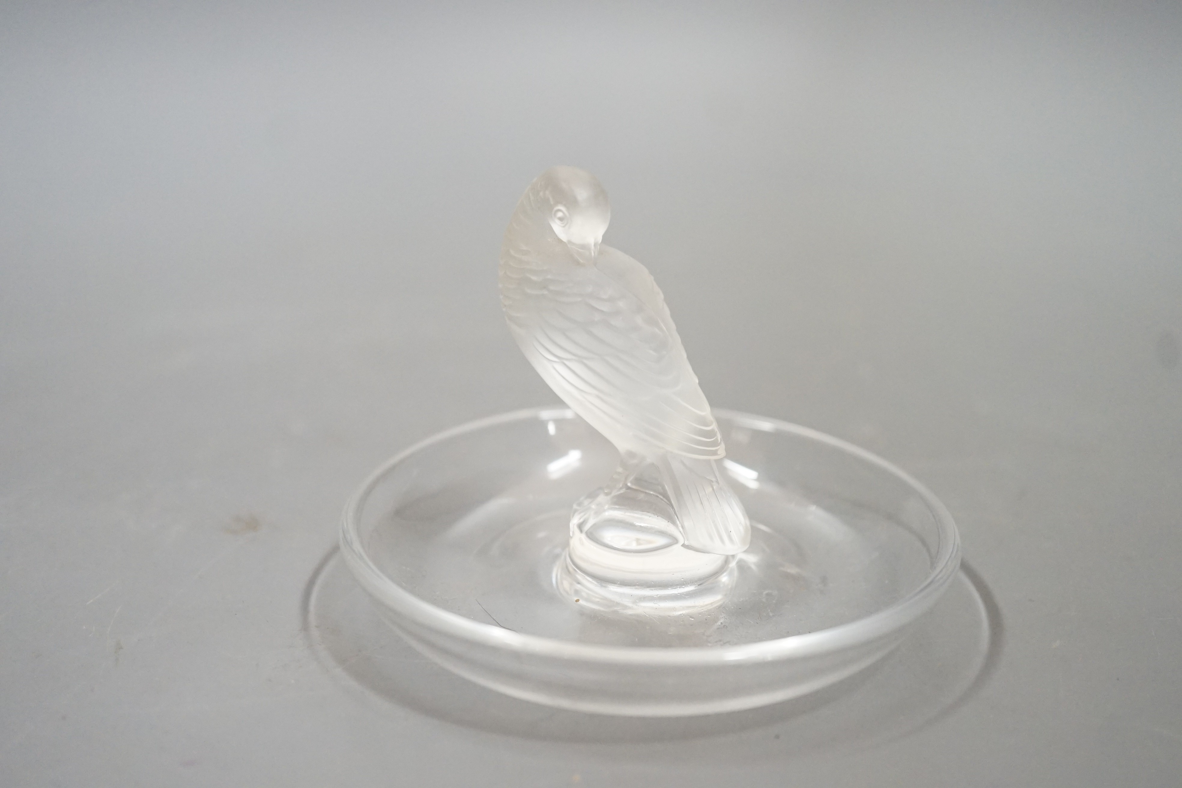 A post war Lalique glass dish with bird finial 10 cm